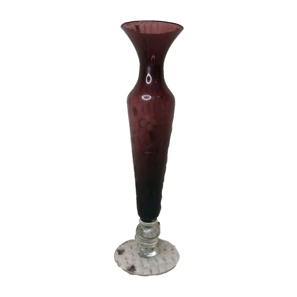 Norleans Vintage Etched Flower Glass Deep Purple Vase Japan Single 8" Amethyst